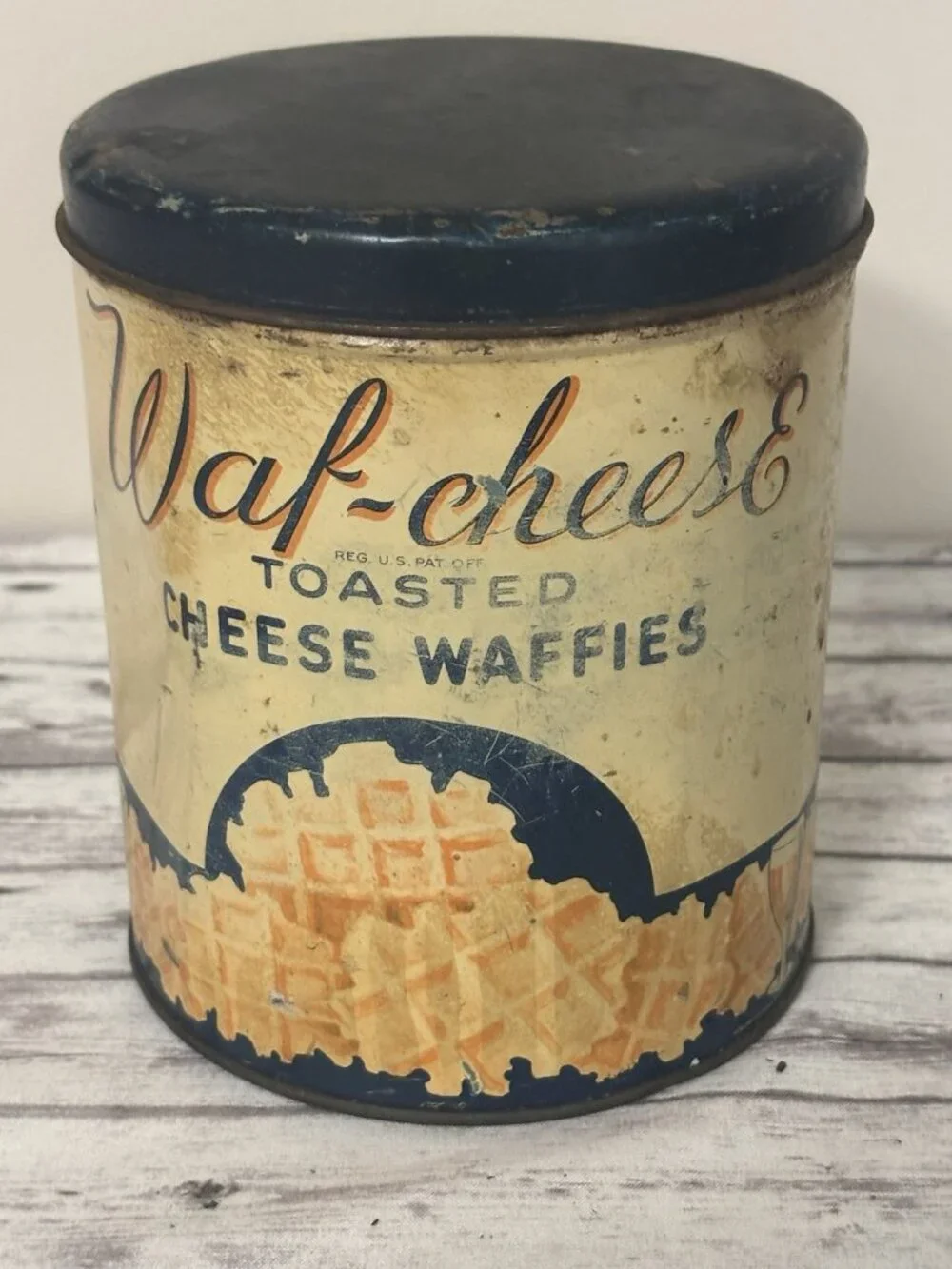 Antique Crun-Cheese toasted WAFFIES Advertising Tin Vintage KING KONE Crackers